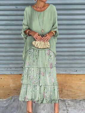 Maxi DRESS Plus Size 3XL Sage GREEN Tunic 3/4 sleeve Floral Tiered 22 - 24